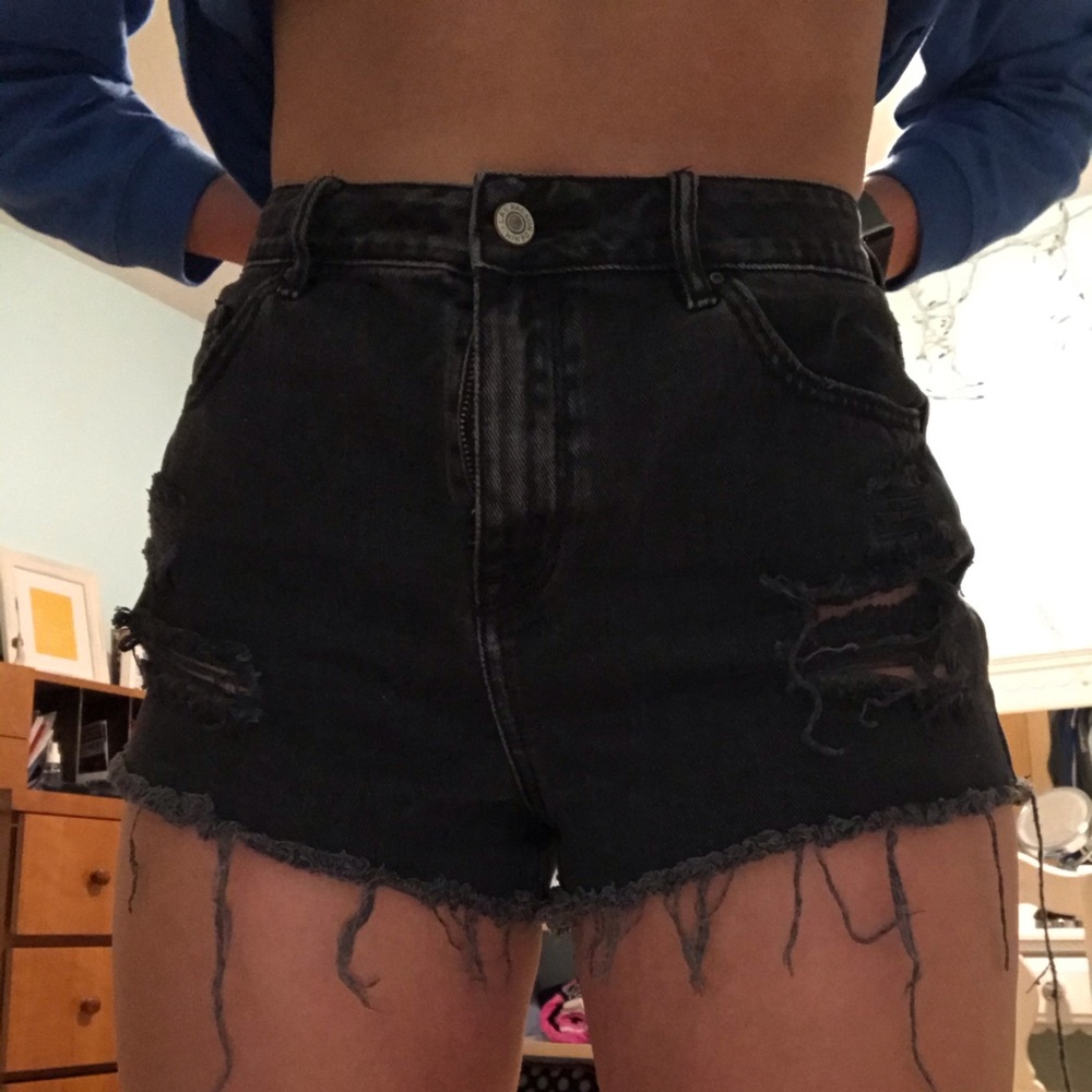 High-Waisted Distressed Black Denim Shorts